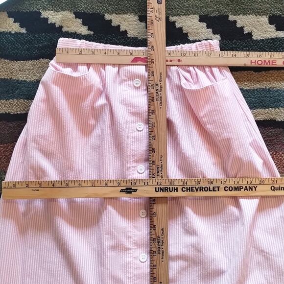 Vintage Pink Seersucker Pinstripe Elastic Waist Buttoned Pocketed Midi Skirt 14 - Picture 9 of 9